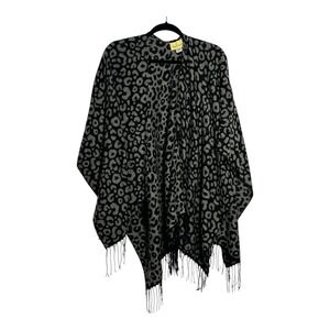 Viv & Lou Leopard Print Wrap Poncho Black Gray Fringe Open Front One Size Kimono